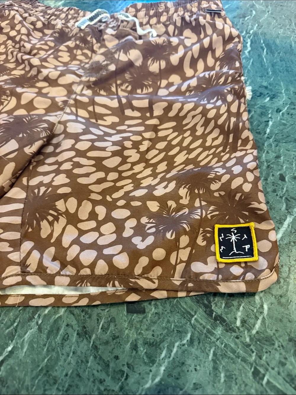 🤎 Munster Brown and Tan Palm Print Kids (12) Swim Trunks (needs sewing love) 🤎